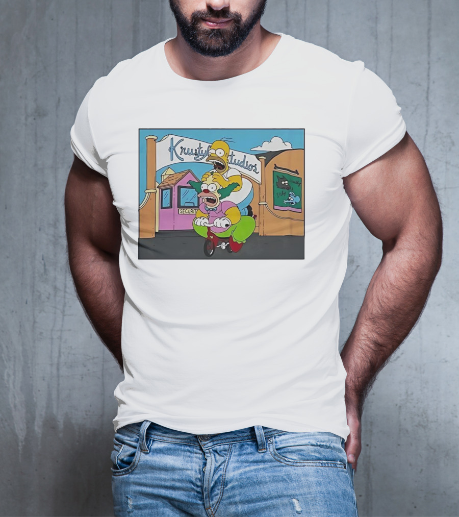 Krustyland Studios With Homer And Krusty The Clown On Bicycle From The Simpsons T-Shirt