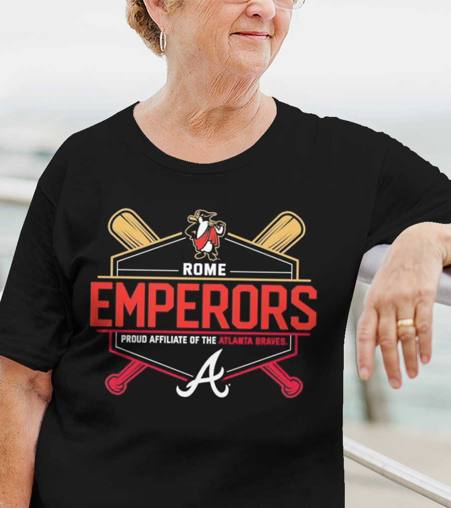 Rome Emperors Proud Affiliate Of The Atlanta Braves Logo With Crossed Bats And Mascot T-Shirt