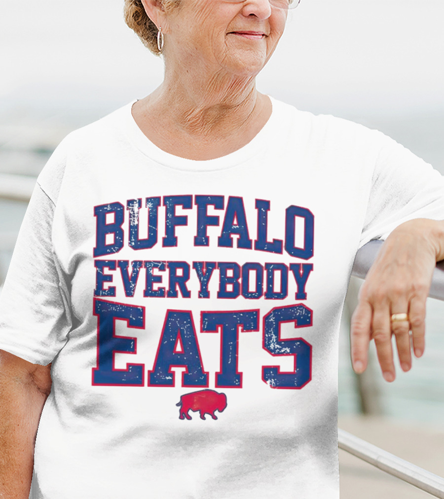 Buffalo Everybody Eats Red Bison Icon Bold Blue Letters T-Shirt