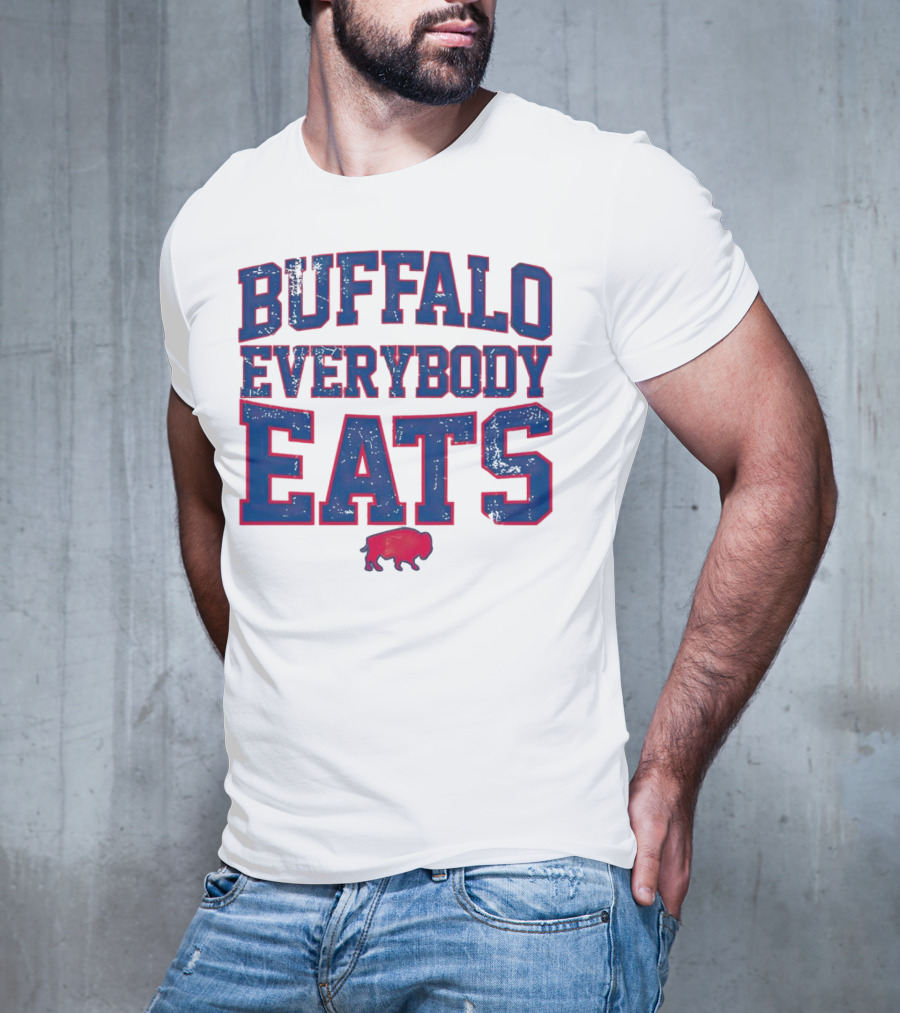 Buffalo Everybody Eats Red Bison Icon Bold Blue Letters T-Shirt