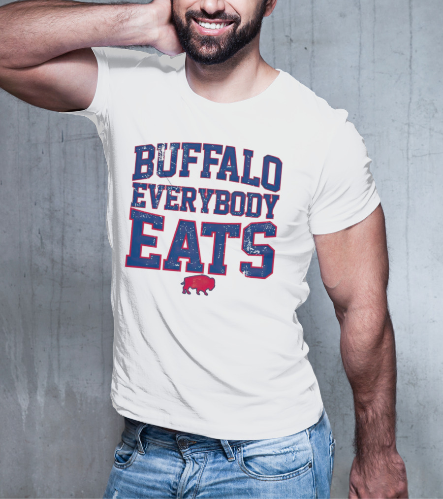 Buffalo Everybody Eats Red Bison Icon Bold Blue Letters T-Shirt
