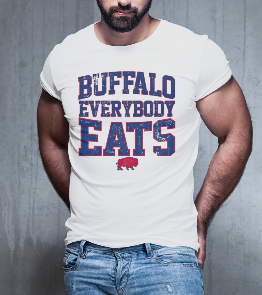 Buffalo Everybody Eats Red Bison Icon Bold Blue Letters T-Shirt