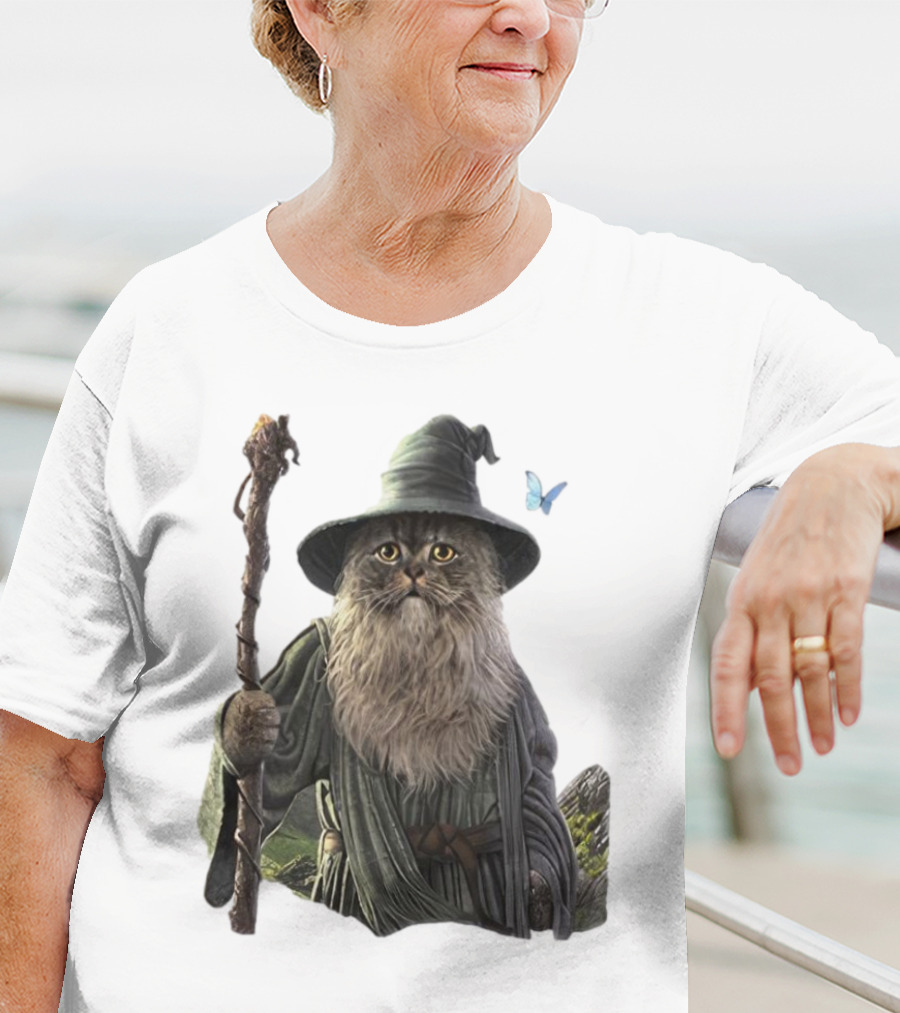 Cat The Mountain Wizard Catdalf Cat With Staff And Hat T-Shirt