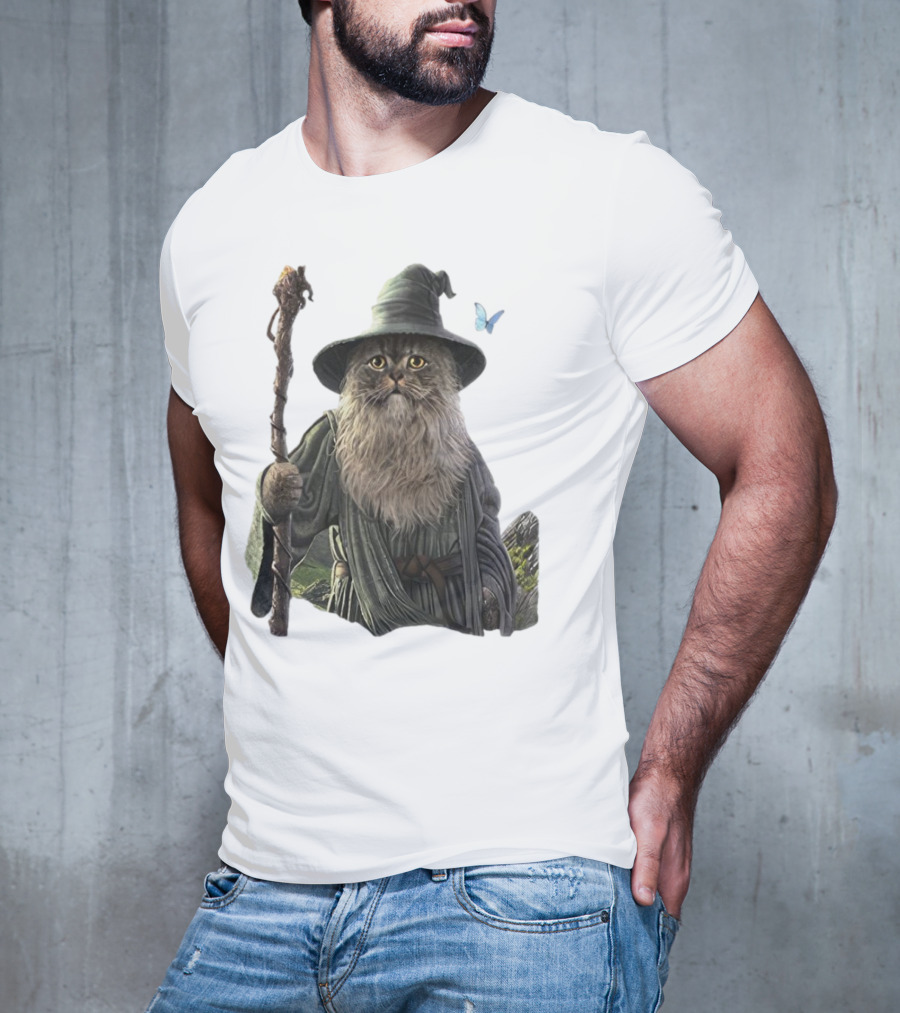 Cat The Mountain Wizard Catdalf Cat With Staff And Hat T-Shirt