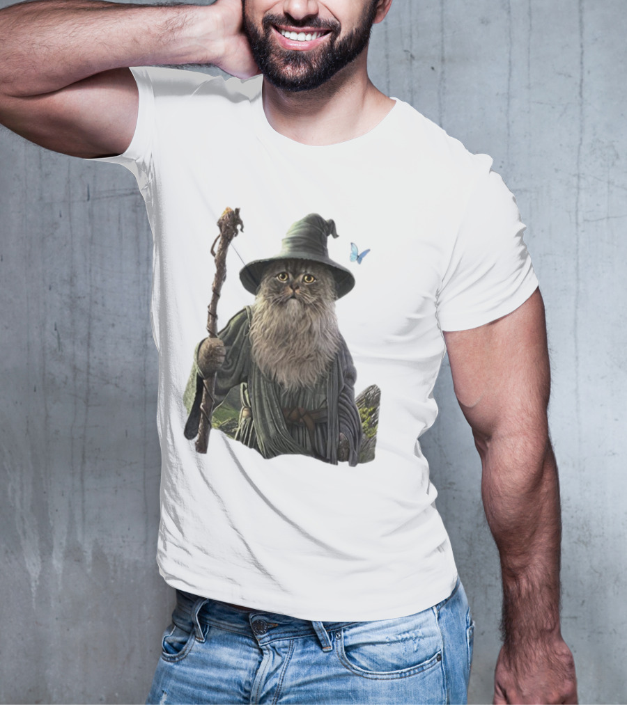 Cat The Mountain Wizard Catdalf Cat With Staff And Hat T-Shirt