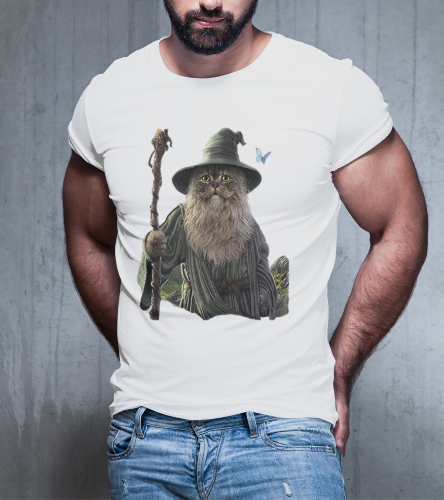 Cat The Mountain Wizard Catdalf Cat With Staff And Hat T-Shirt