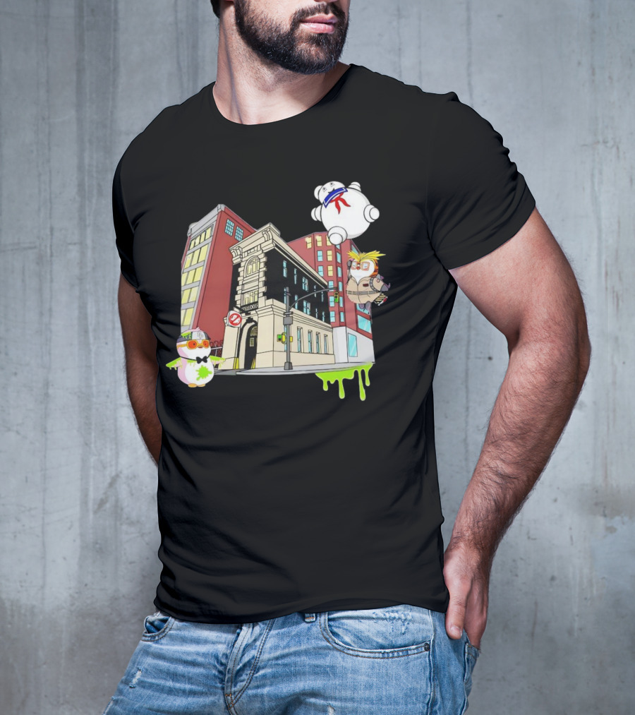 Stay Puft Marshmallow Man Pudgy Penguins Ghostbusters Firehouse Scene T-Shirt