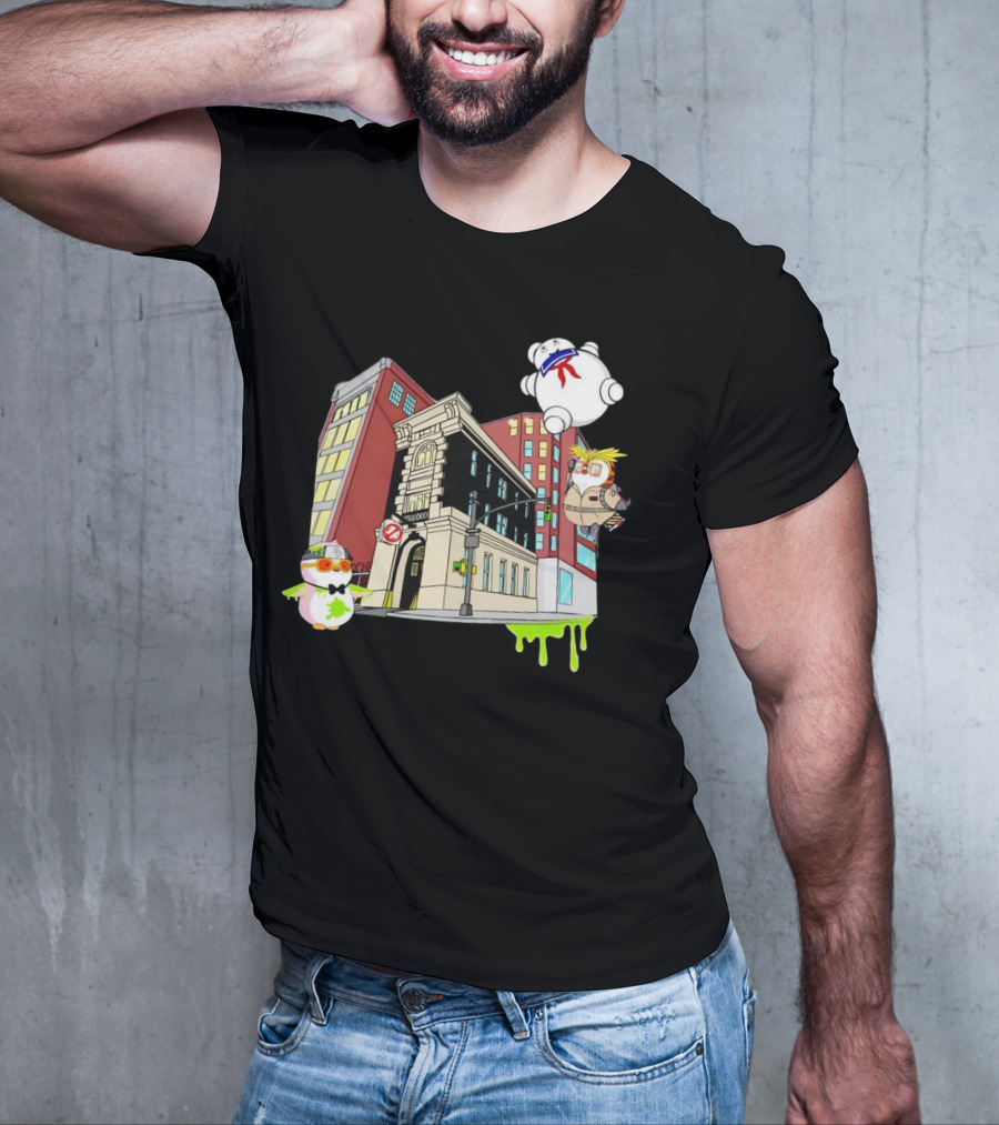 Stay Puft Marshmallow Man Pudgy Penguins Ghostbusters Firehouse Scene T-Shirt