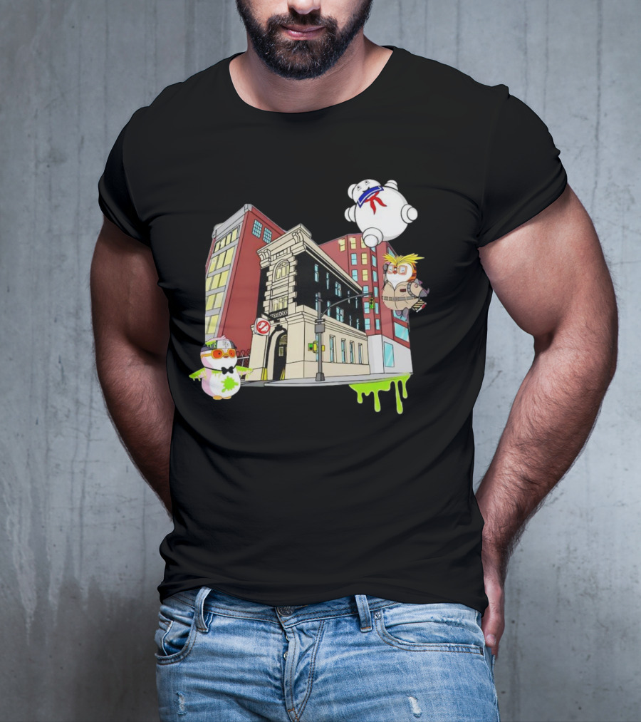 Stay Puft Marshmallow Man Pudgy Penguins Ghostbusters Firehouse Scene T-Shirt