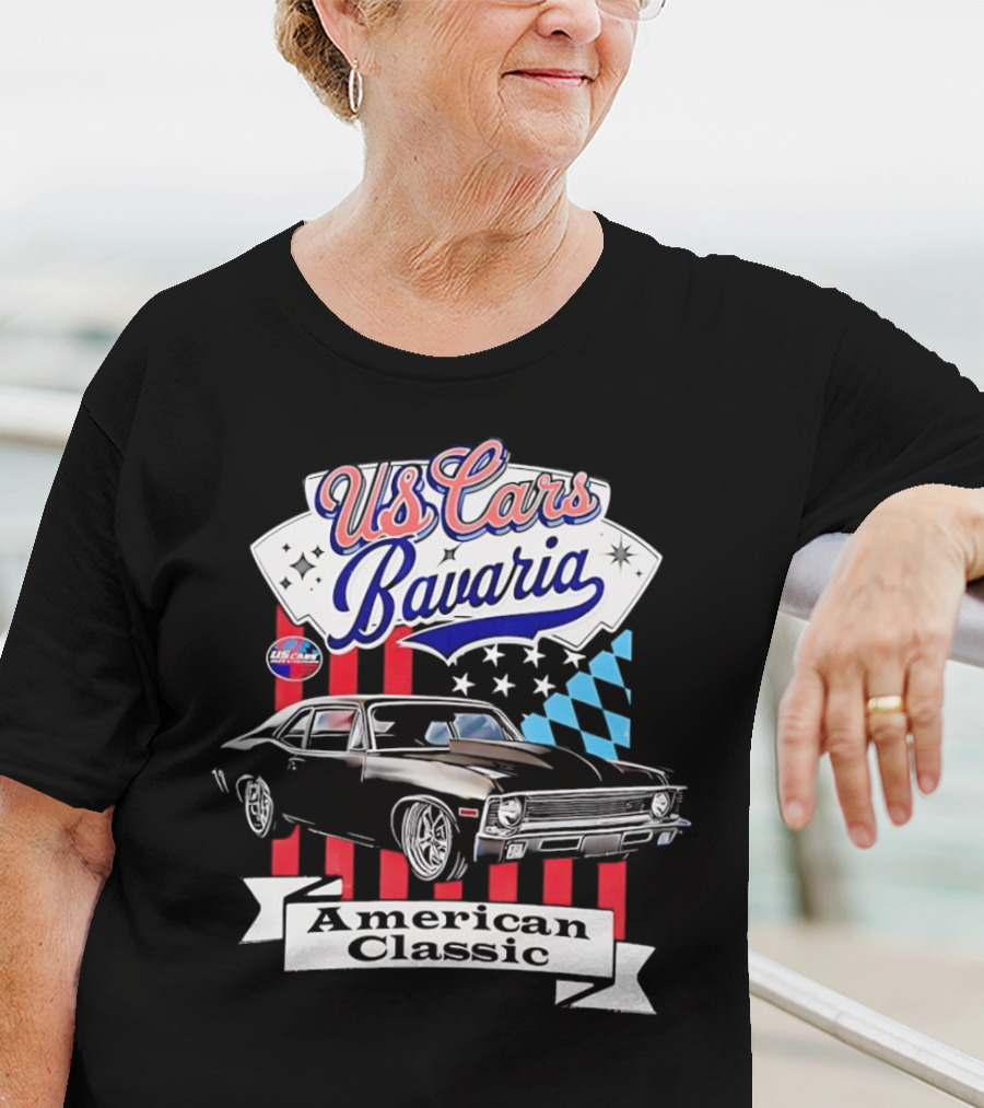 US Cars Bavaria American Classic With Black Muscle Car And Checkered Flags T-Shirt