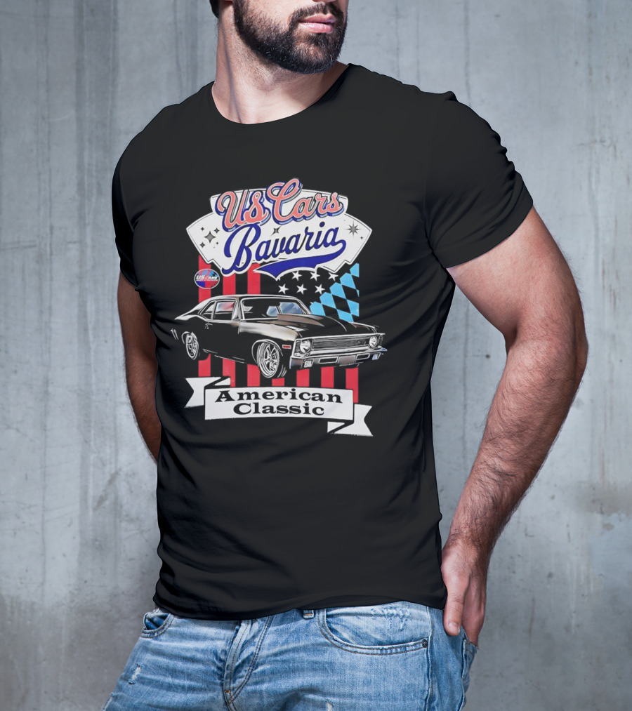 US Cars Bavaria American Classic With Black Muscle Car And Checkered Flags T-Shirt