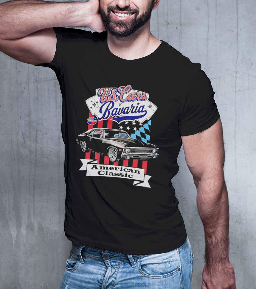 US Cars Bavaria American Classic With Black Muscle Car And Checkered Flags T-Shirt