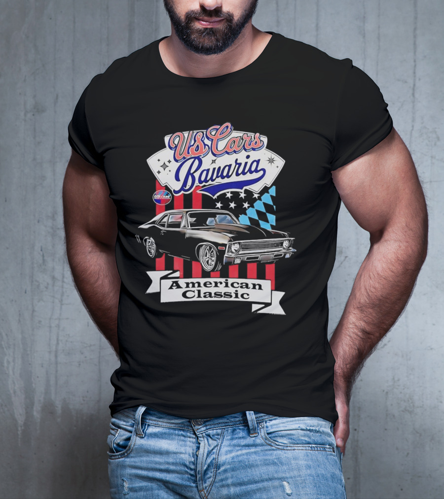 US Cars Bavaria American Classic With Black Muscle Car And Checkered Flags T-Shirt