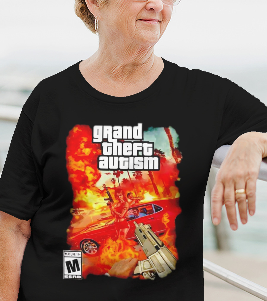 Grand Theft Autism Video Game Cover Parody With Car And Weapon T-Shirt