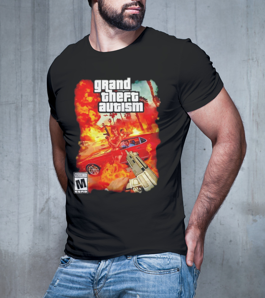 Grand Theft Autism Video Game Cover Parody With Car And Weapon T-Shirt