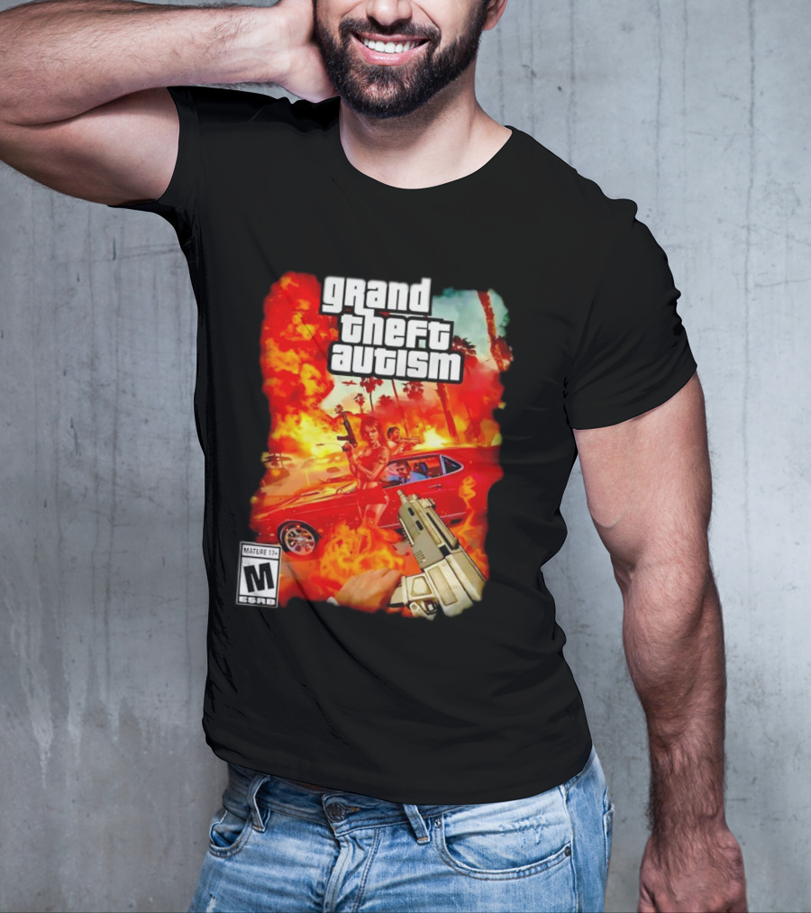Grand Theft Autism Video Game Cover Parody With Car And Weapon T-Shirt
