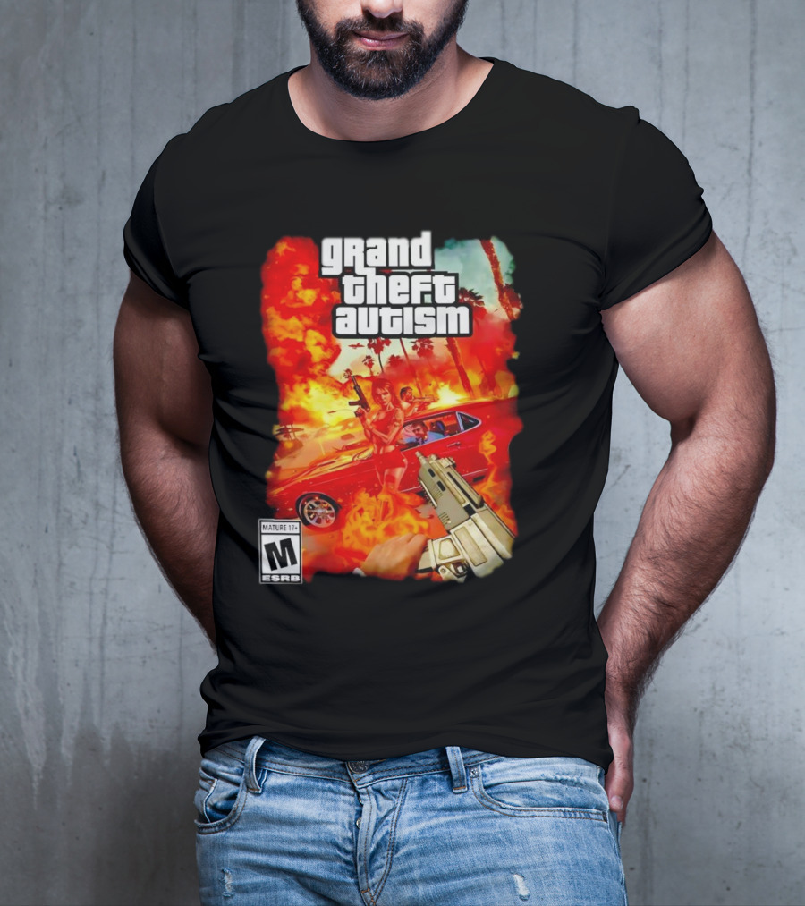 Grand Theft Autism Video Game Cover Parody With Car And Weapon T-Shirt