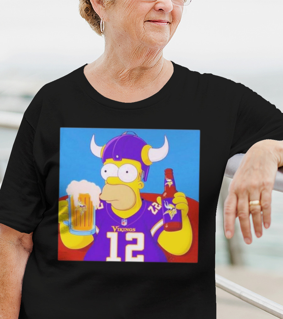 Homer Simpson In Minnesota Vikings Gear Drinking Beer T-Shirt