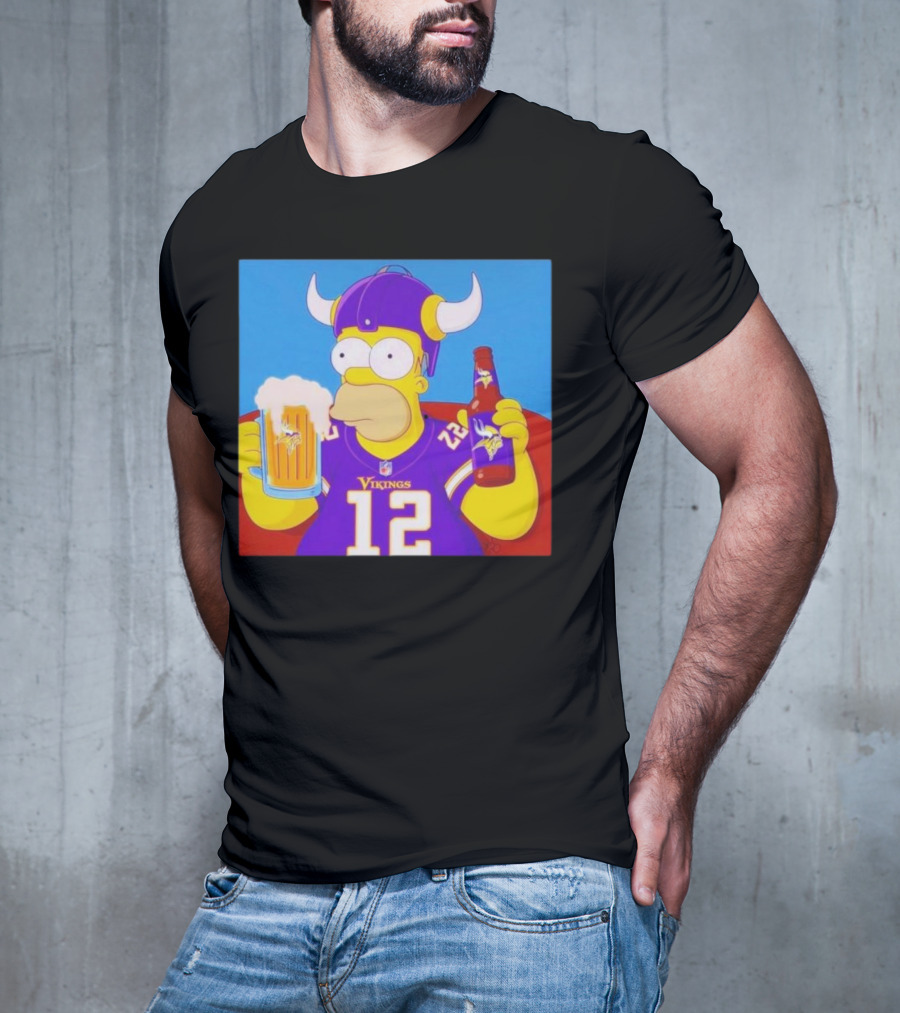 Homer Simpson In Minnesota Vikings Gear Drinking Beer T-Shirt