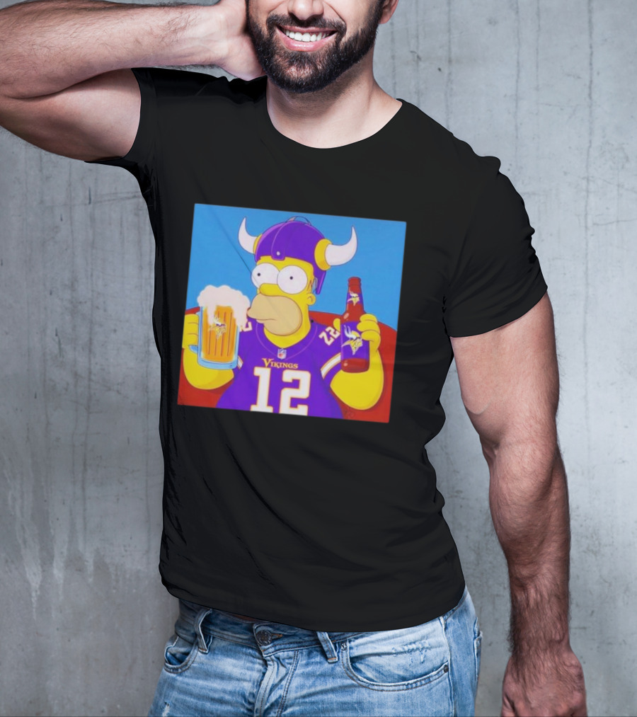Homer Simpson In Minnesota Vikings Gear Drinking Beer T-Shirt