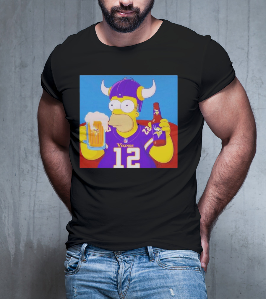 Homer Simpson In Minnesota Vikings Gear Drinking Beer T-Shirt