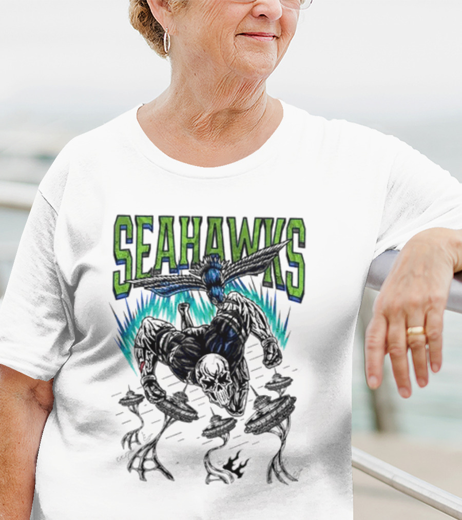 Seattle Seahawks Skeleton With Winged Bird And Blue Flames T-Shirt