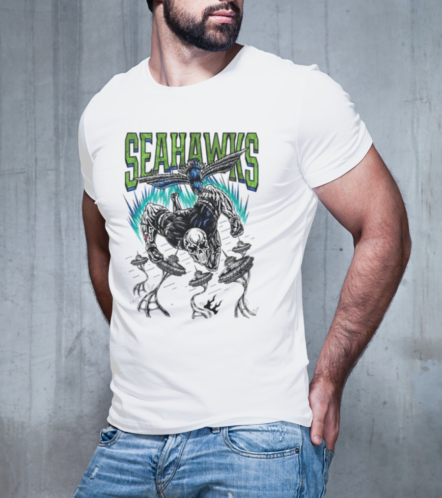 Seattle Seahawks Skeleton With Winged Bird And Blue Flames T-Shirt