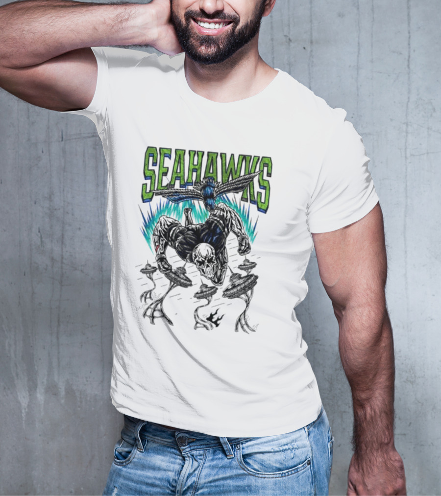 Seattle Seahawks Skeleton With Winged Bird And Blue Flames T-Shirt