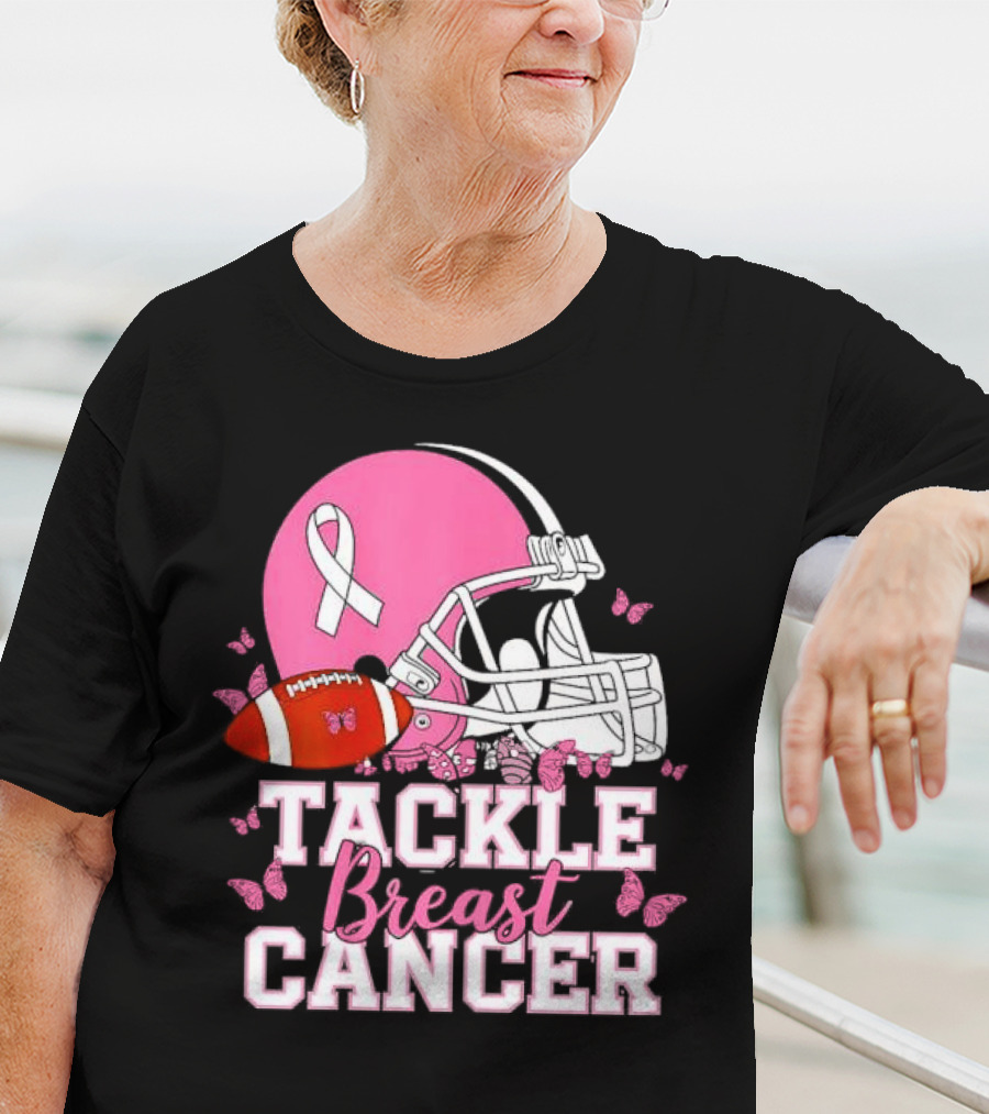 Tackle Breast Cancer Awareness Pink Football Helmet Ribbon Butterflies T-Shirt