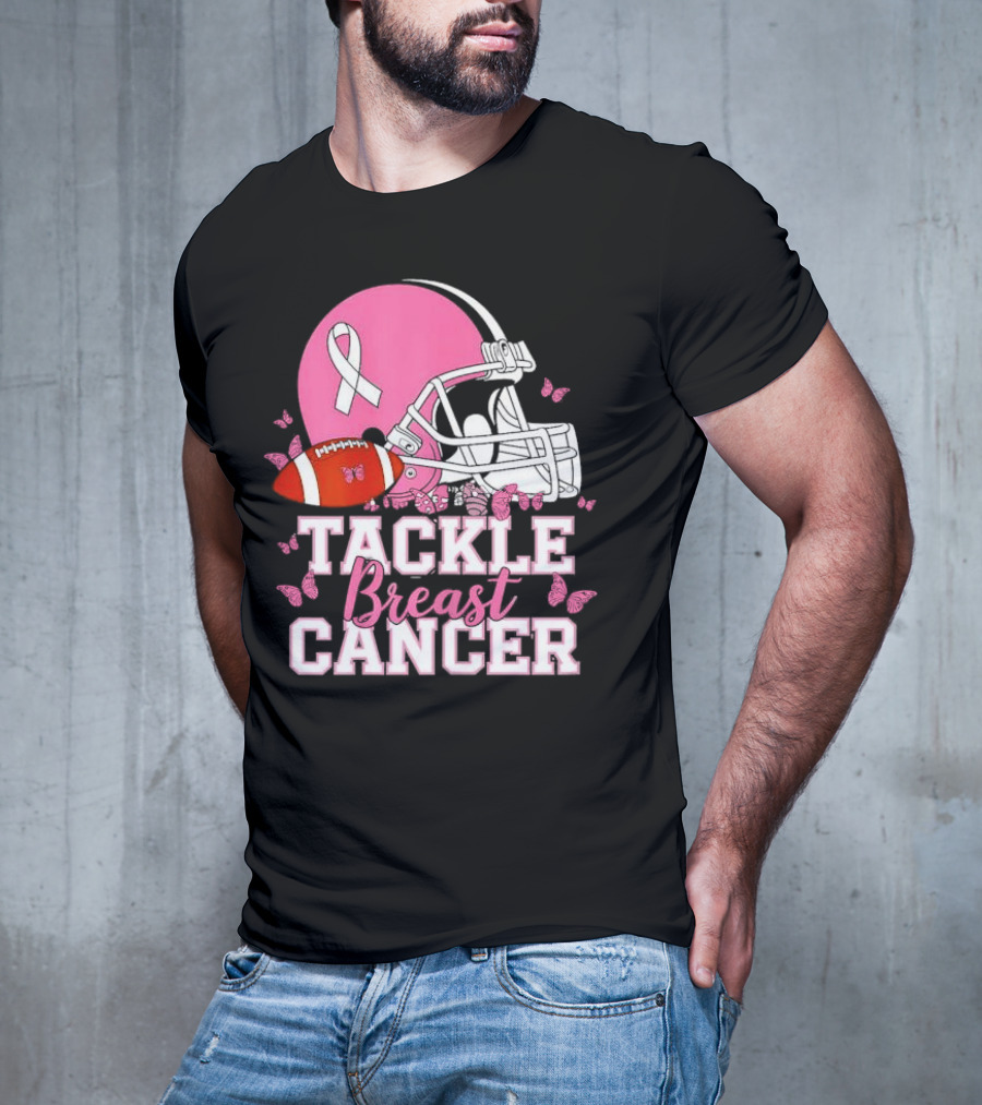 Tackle Breast Cancer Awareness Pink Football Helmet Ribbon Butterflies T-Shirt