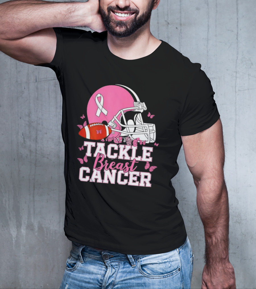 Tackle Breast Cancer Awareness Pink Football Helmet Ribbon Butterflies T-Shirt