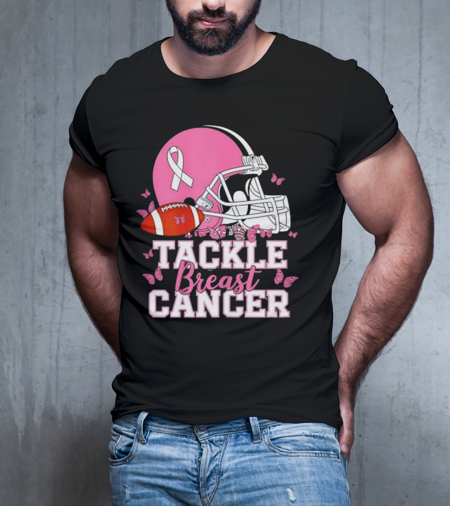 Tackle Breast Cancer Awareness Pink Football Helmet Ribbon Butterflies T-Shirt
