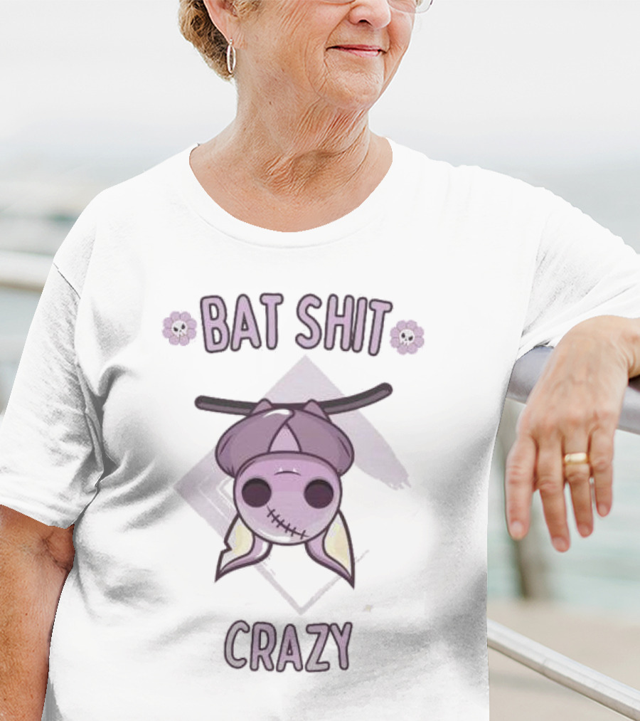 Bat Shit Crazy Purple Bat Hanging Upside Down With Flowers T-Shirt