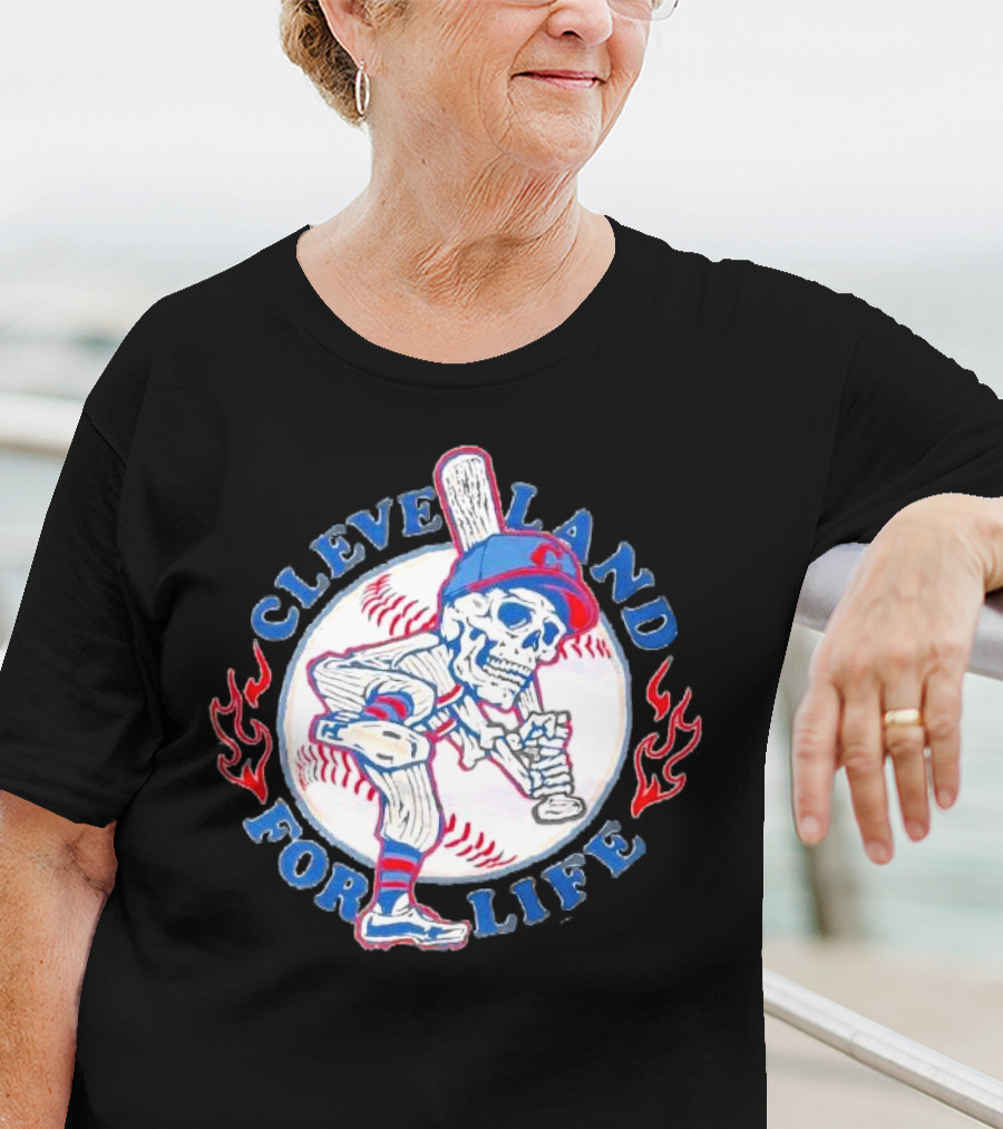 Cleveland Guardians For Life Skeleton Baseball Player Flames T-Shirt