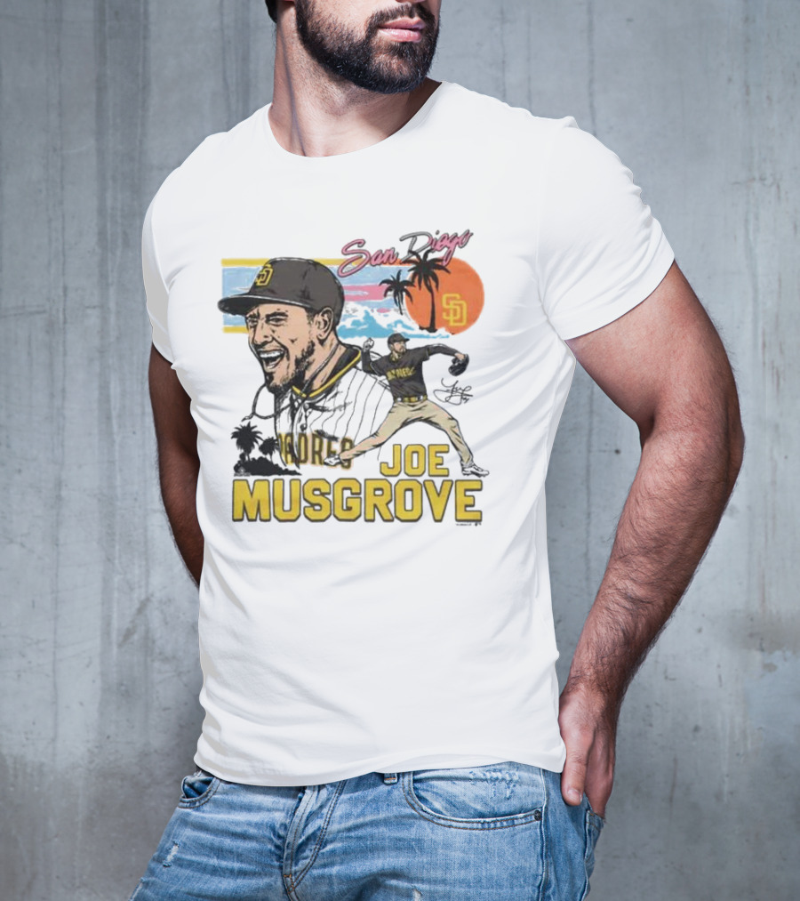 Joe Musgrove San Diego Padres Sunset Palm Trees Signature Caricature T-Shirt