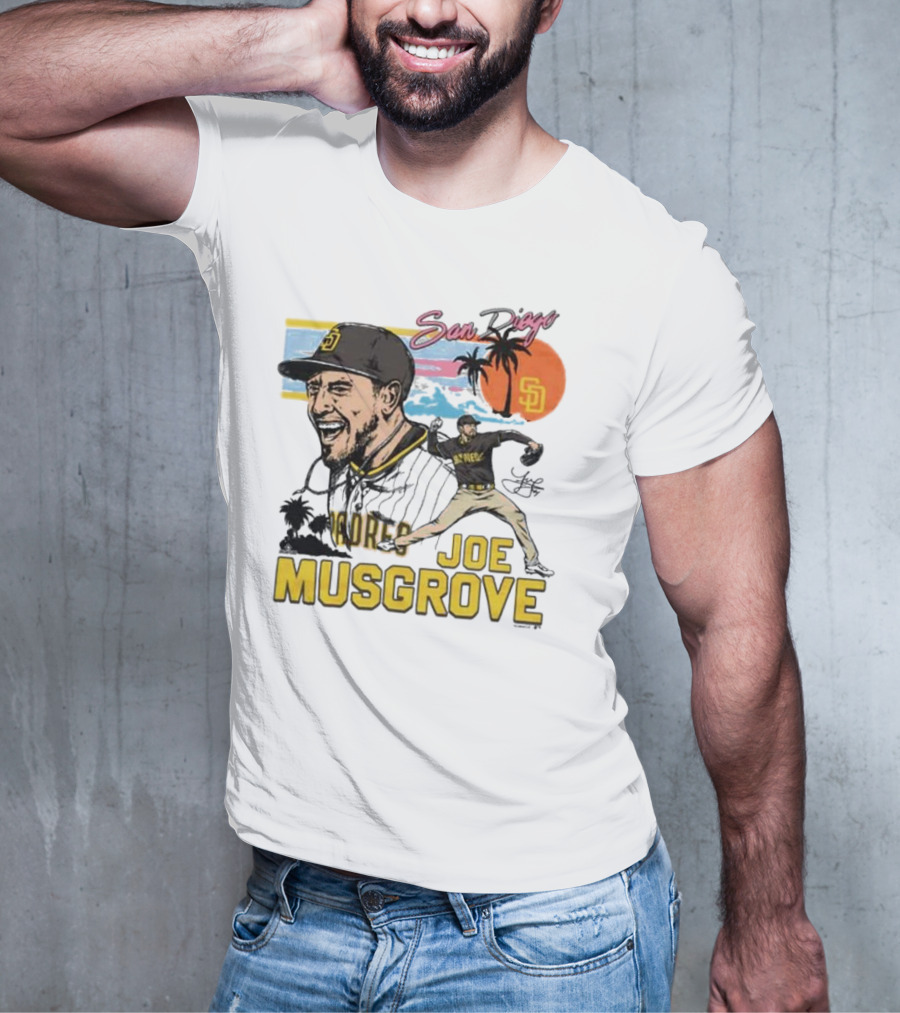 Joe Musgrove San Diego Padres Sunset Palm Trees Signature Caricature T-Shirt