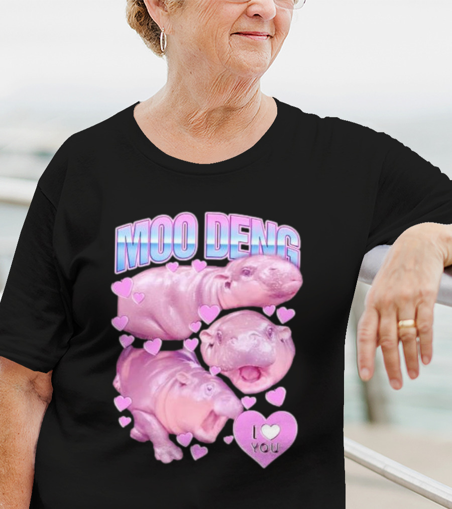Moo Deng I Love You Pink Hippo Hearts T-Shirt