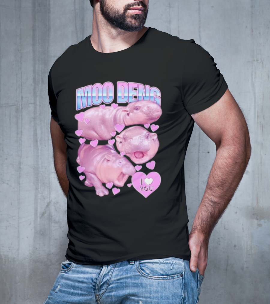 Moo Deng I Love You Pink Hippo Hearts T-Shirt