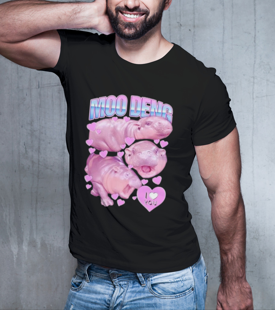 Moo Deng I Love You Pink Hippo Hearts T-Shirt