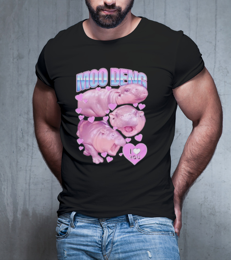 Moo Deng I Love You Pink Hippo Hearts T-Shirt