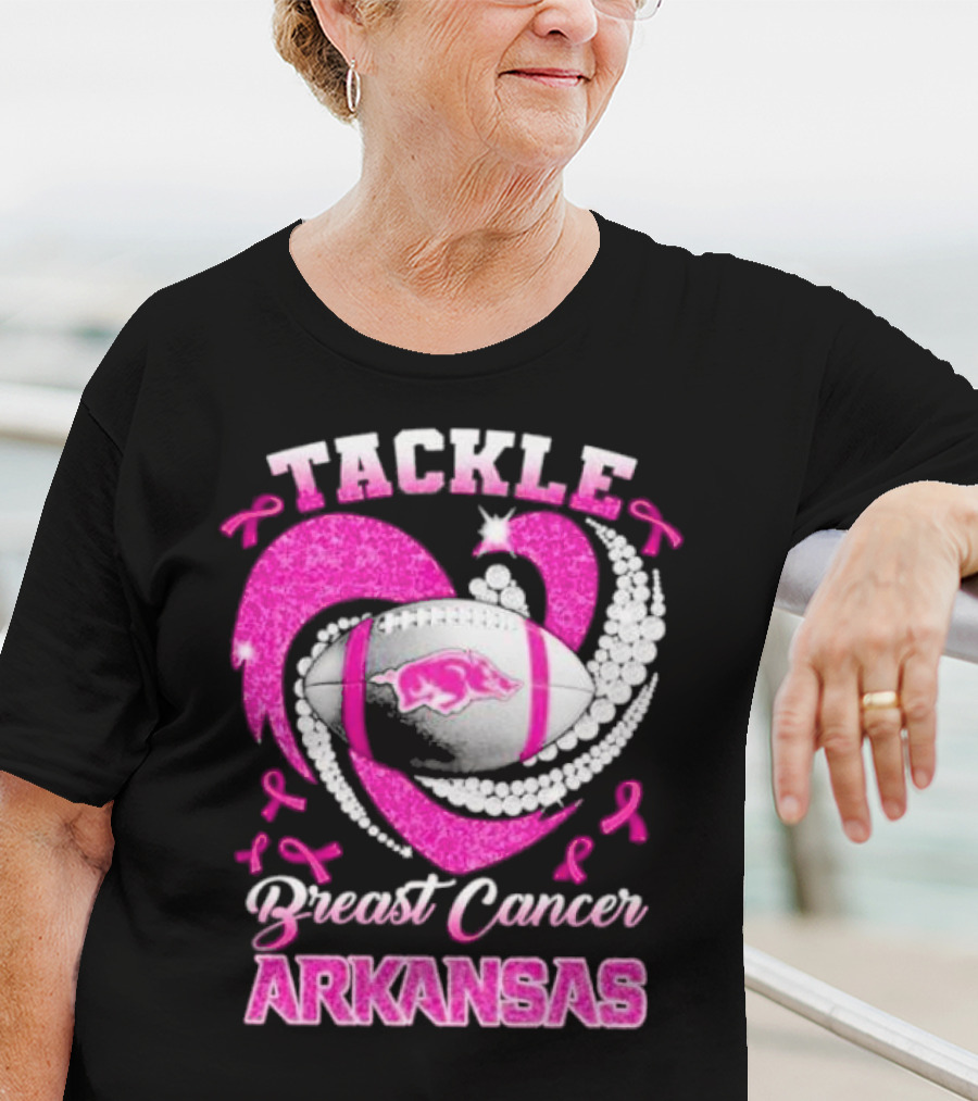 Arkansas Razorbacks Tackle Breast Cancer Pink Ribbon Heart Football T-Shirt