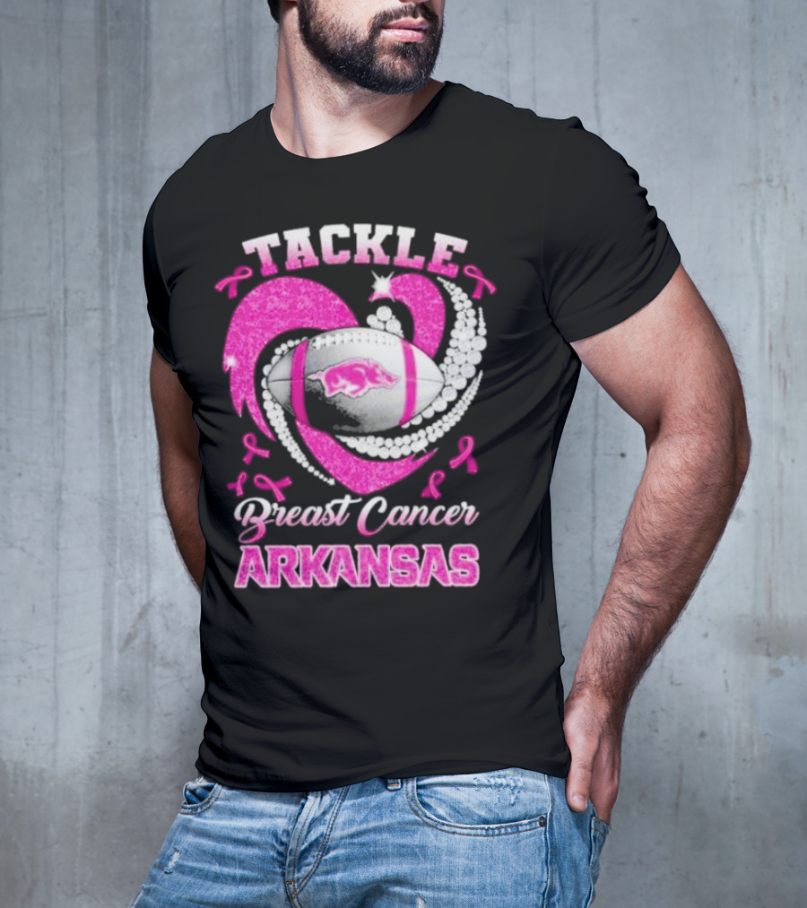 Arkansas Razorbacks Tackle Breast Cancer Pink Ribbon Heart Football T-Shirt