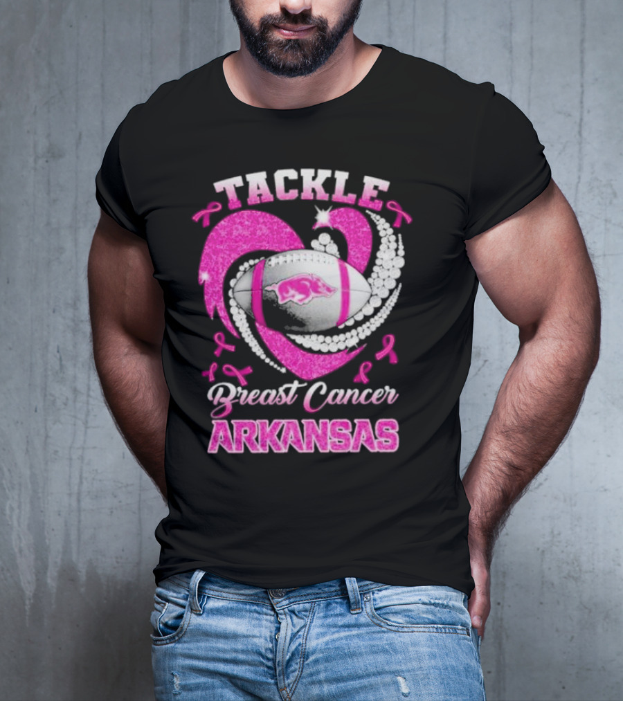 Arkansas Razorbacks Tackle Breast Cancer Pink Ribbon Heart Football T-Shirt