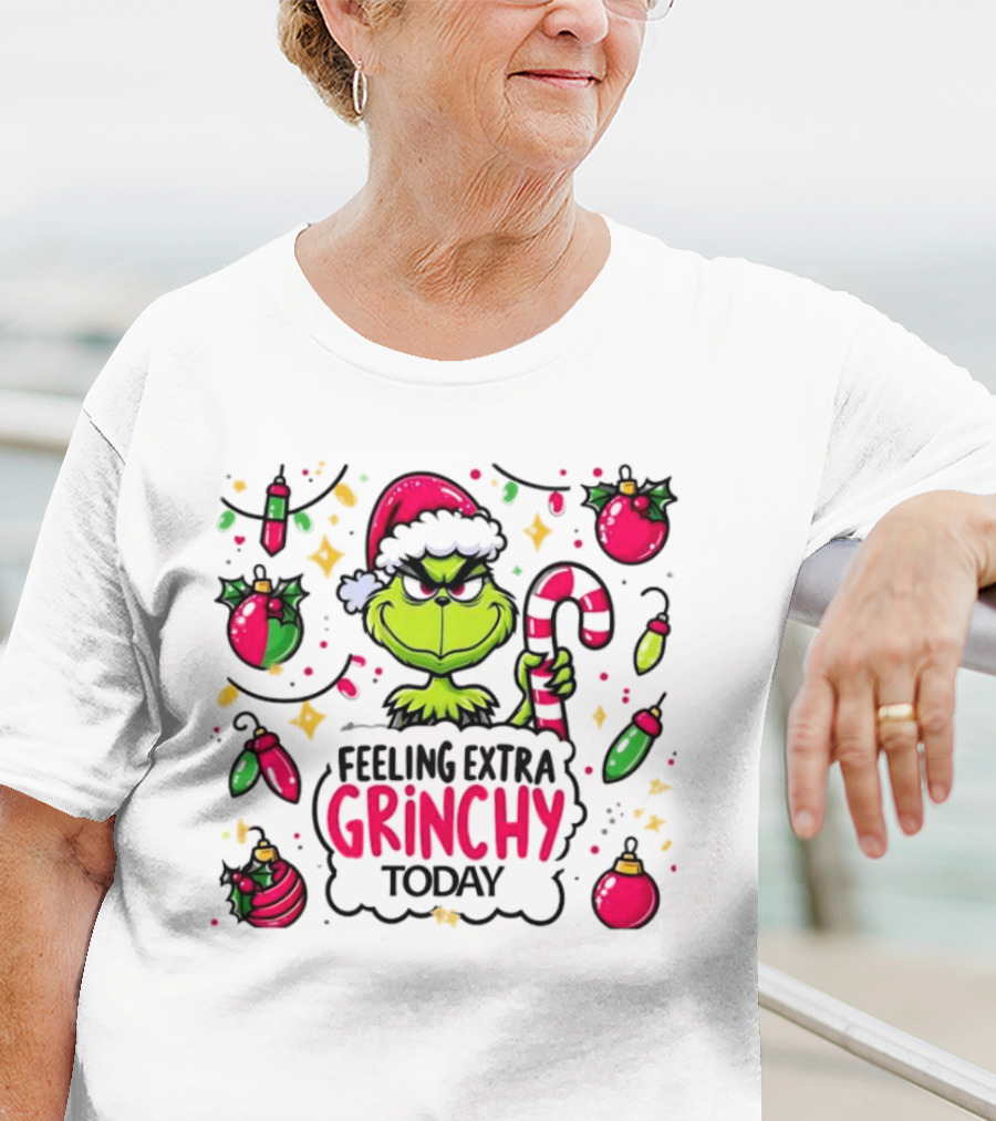Feeling Extra Grinchy Today Christmas Grinch Santa Hat Candy Cane Ornaments T-Shirt