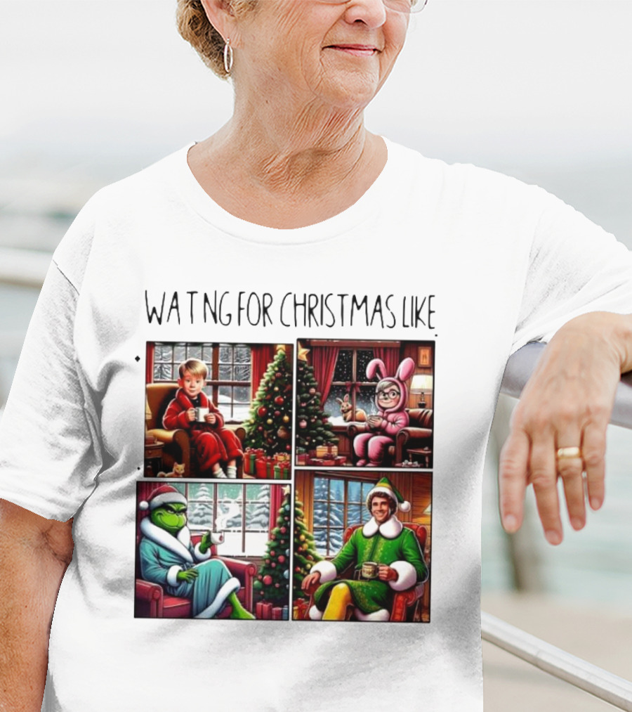 Waiting For Christmas Like Iconic Holiday Characters With Christmas Tree And Cozy Living Room Scene T-Shirt