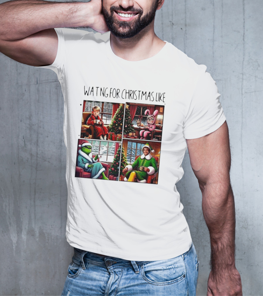 Waiting For Christmas Like Iconic Holiday Characters With Christmas Tree And Cozy Living Room Scene T-Shirt