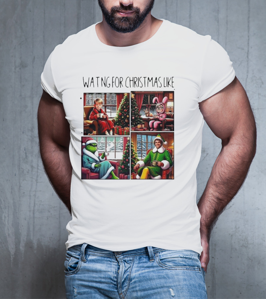 Waiting For Christmas Like Iconic Holiday Characters With Christmas Tree And Cozy Living Room Scene T-Shirt