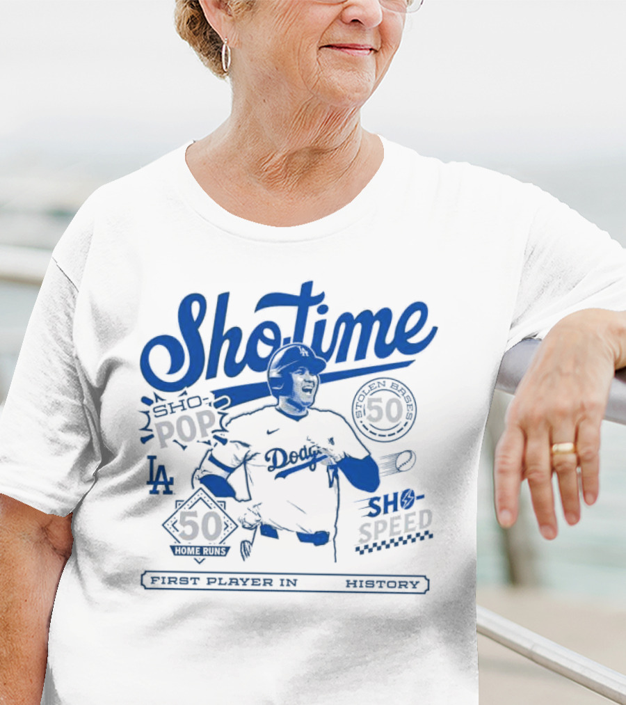 Shohei Ohtani Showtime Los Angeles Dodgers 50 Home Runs 50 Stolen Bases Sho Pop Sho Speed First Player In History T-Shirt