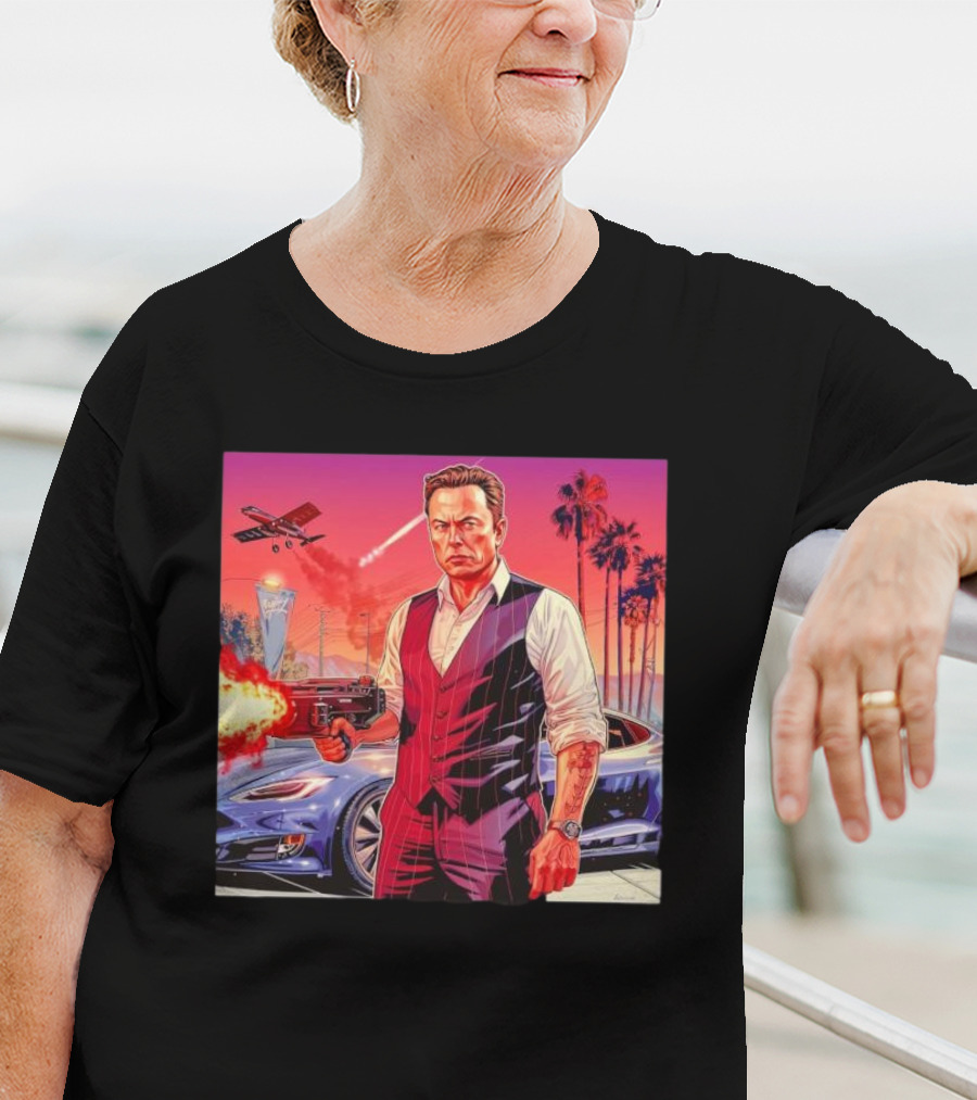 Grand Theft Auto Elon Musk Sunset Shootout With Palm Trees And Jetstream T-Shirt