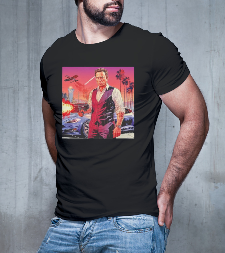 Grand Theft Auto Elon Musk Sunset Shootout With Palm Trees And Jetstream T-Shirt
